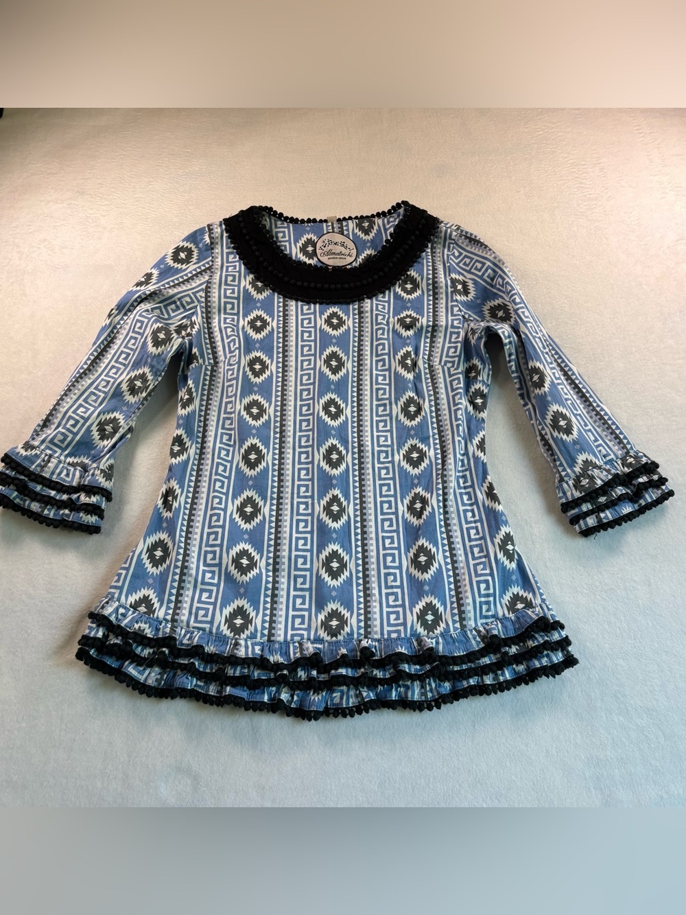 Women’s Blue Geometric Ruffle-Trim Long Sleeve Top